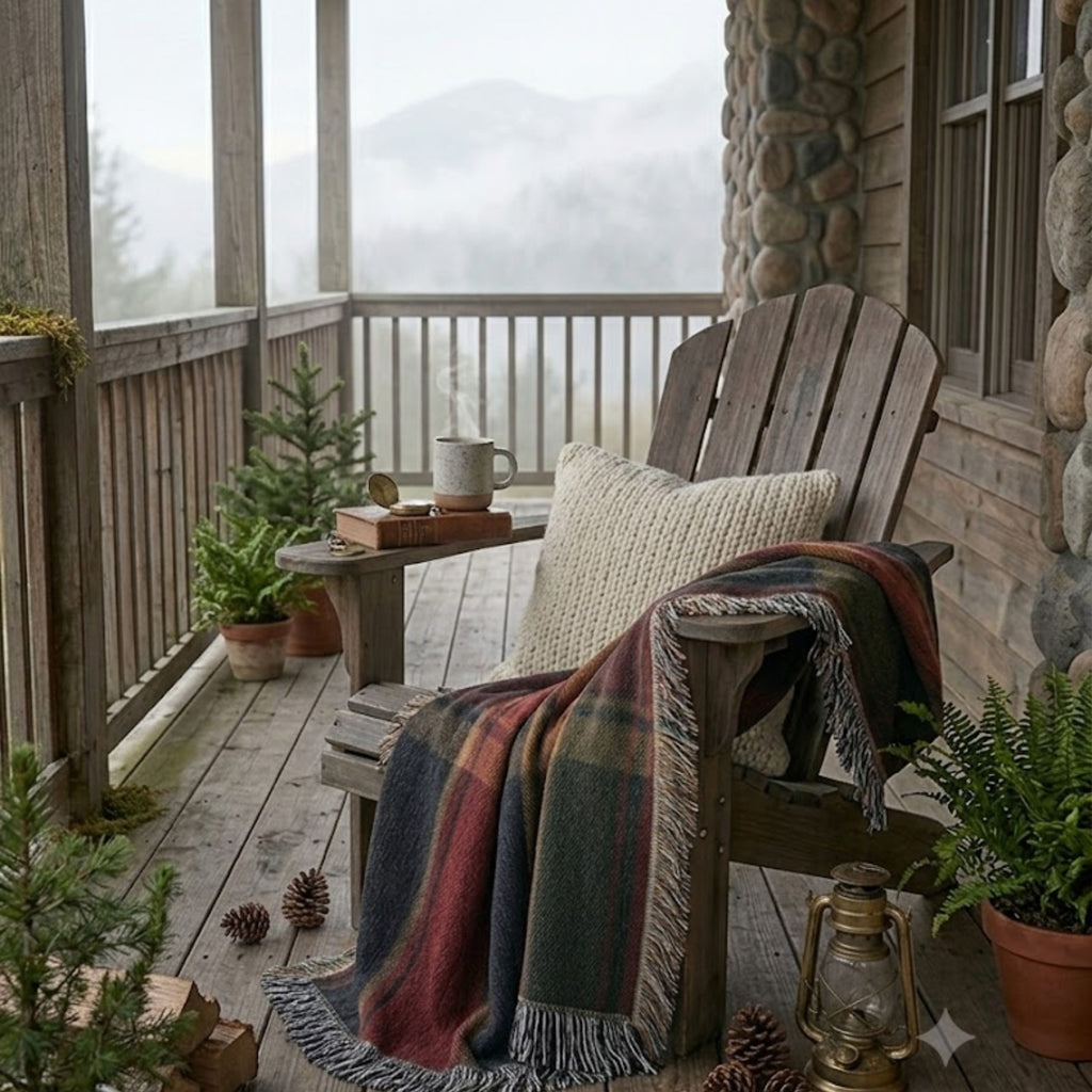 Ember Ridge dark plaid woven cotton throw on a porch chair with potted plants — Trini Skies