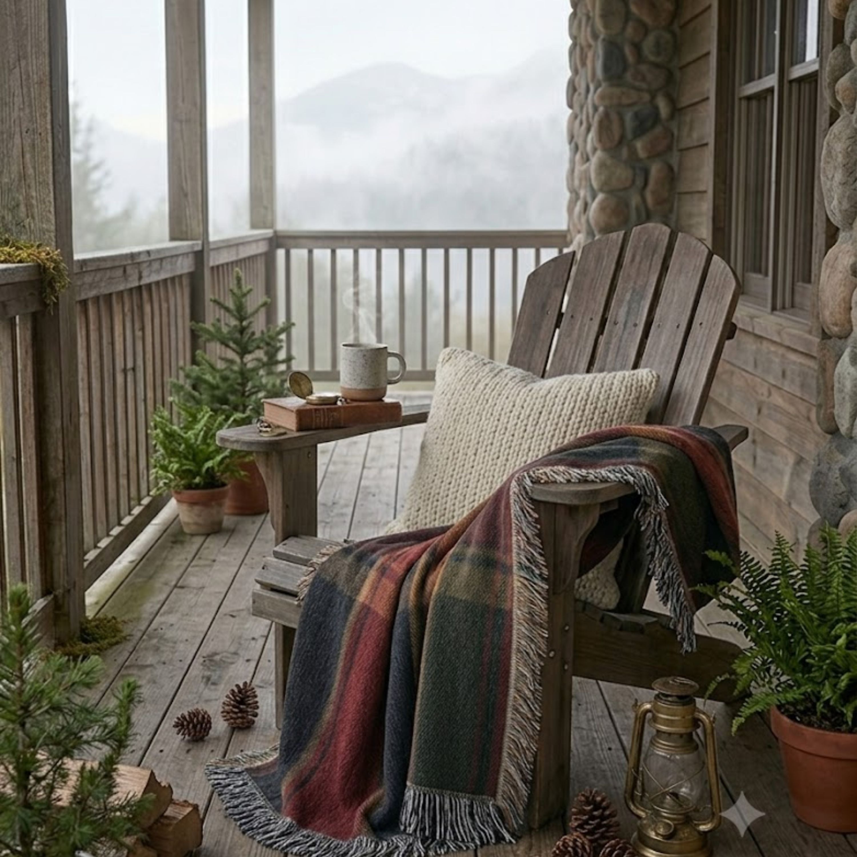 Ember Ridge dark plaid woven cotton throw on a porch chair with potted plants — Trini Skies