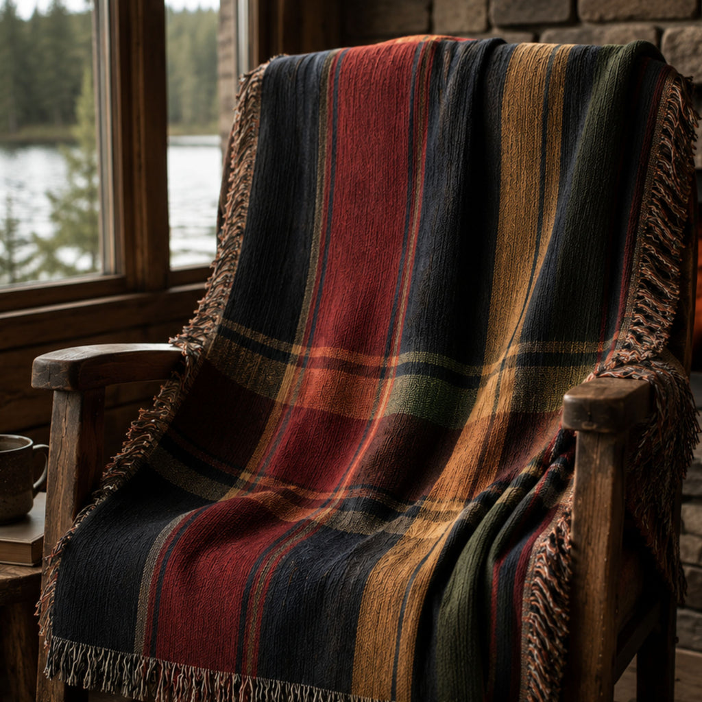 Ember Ridge plaid woven throw draped over a chair on a rustic cabin porch — Trini Skies