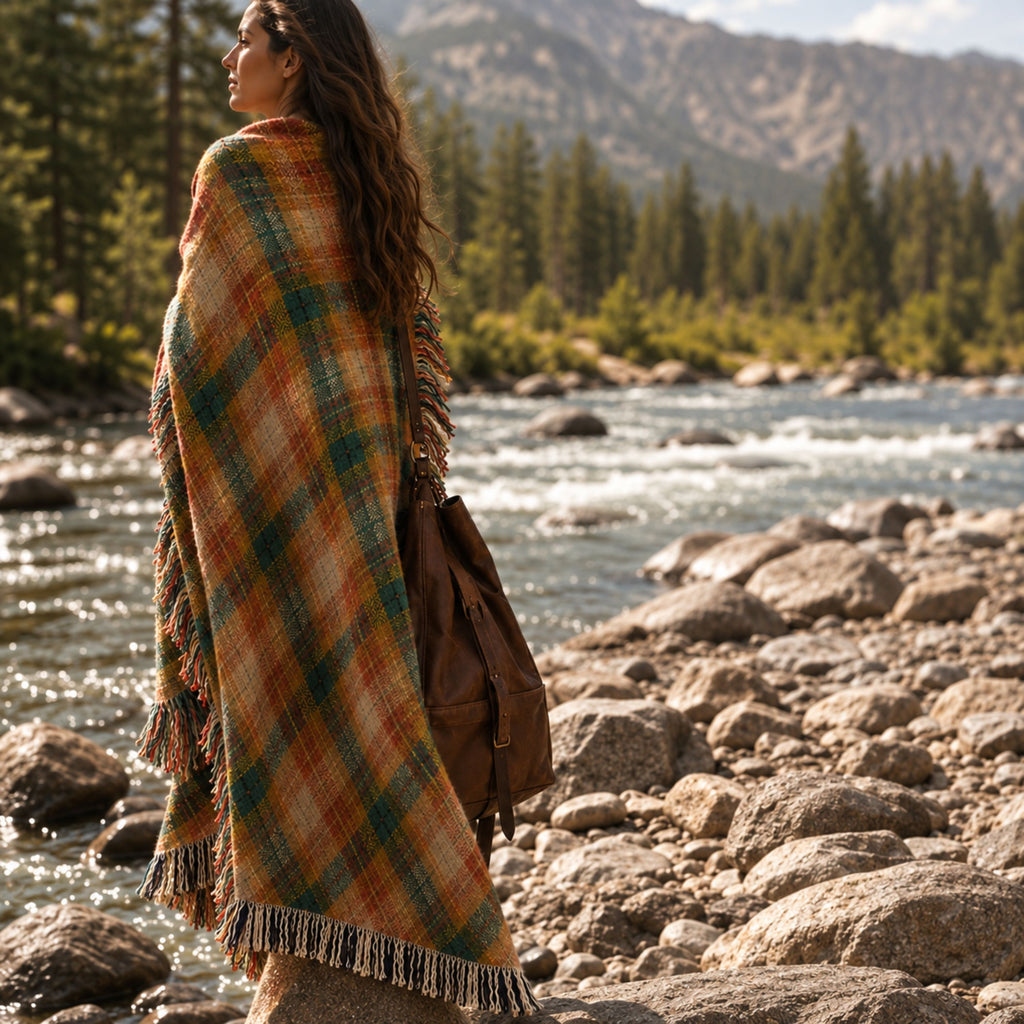 Woman wrapped in a teal and rust plaid woven cotton throw on a rocky mountain riverbank