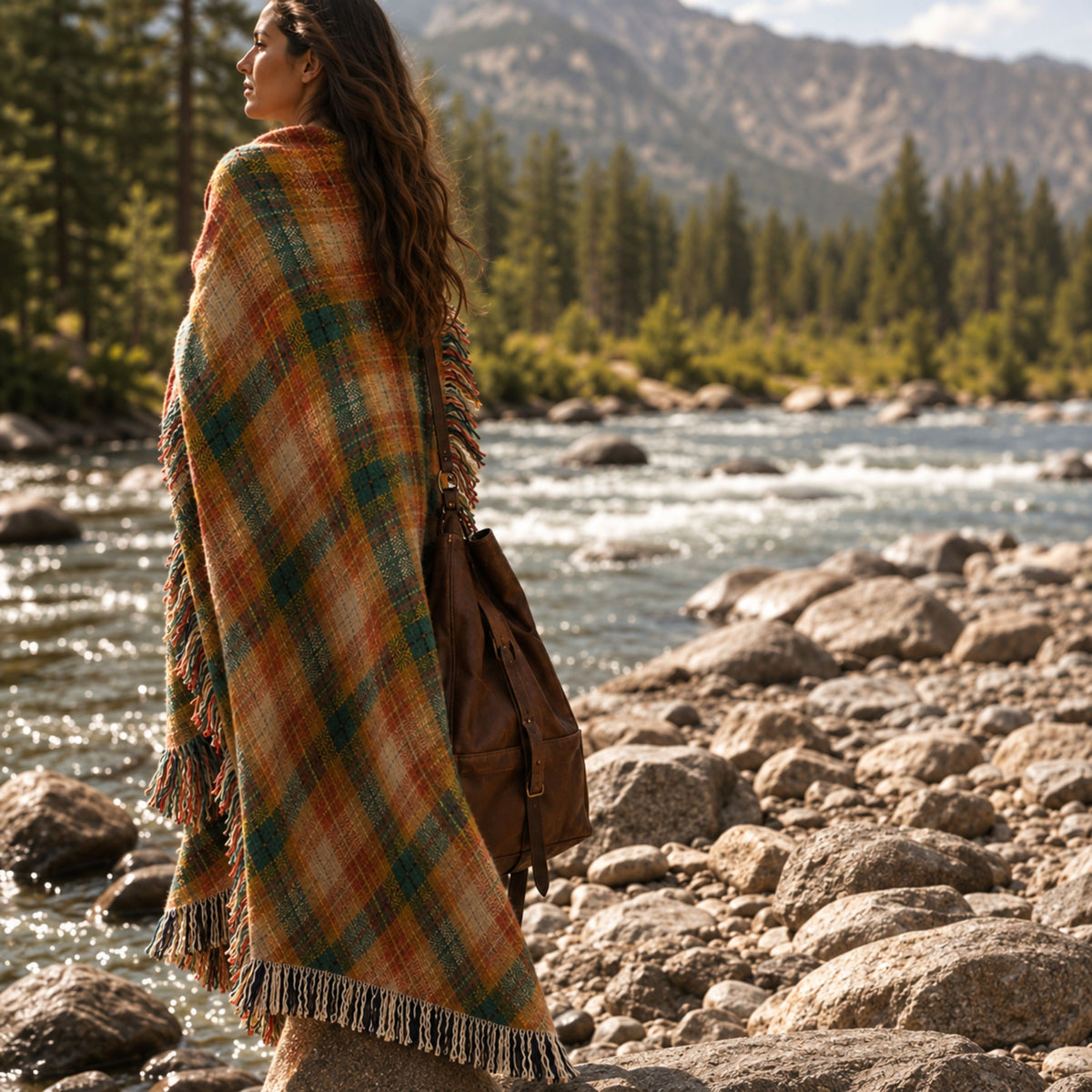 Woman wrapped in a teal and rust plaid woven cotton throw on a rocky mountain riverbank