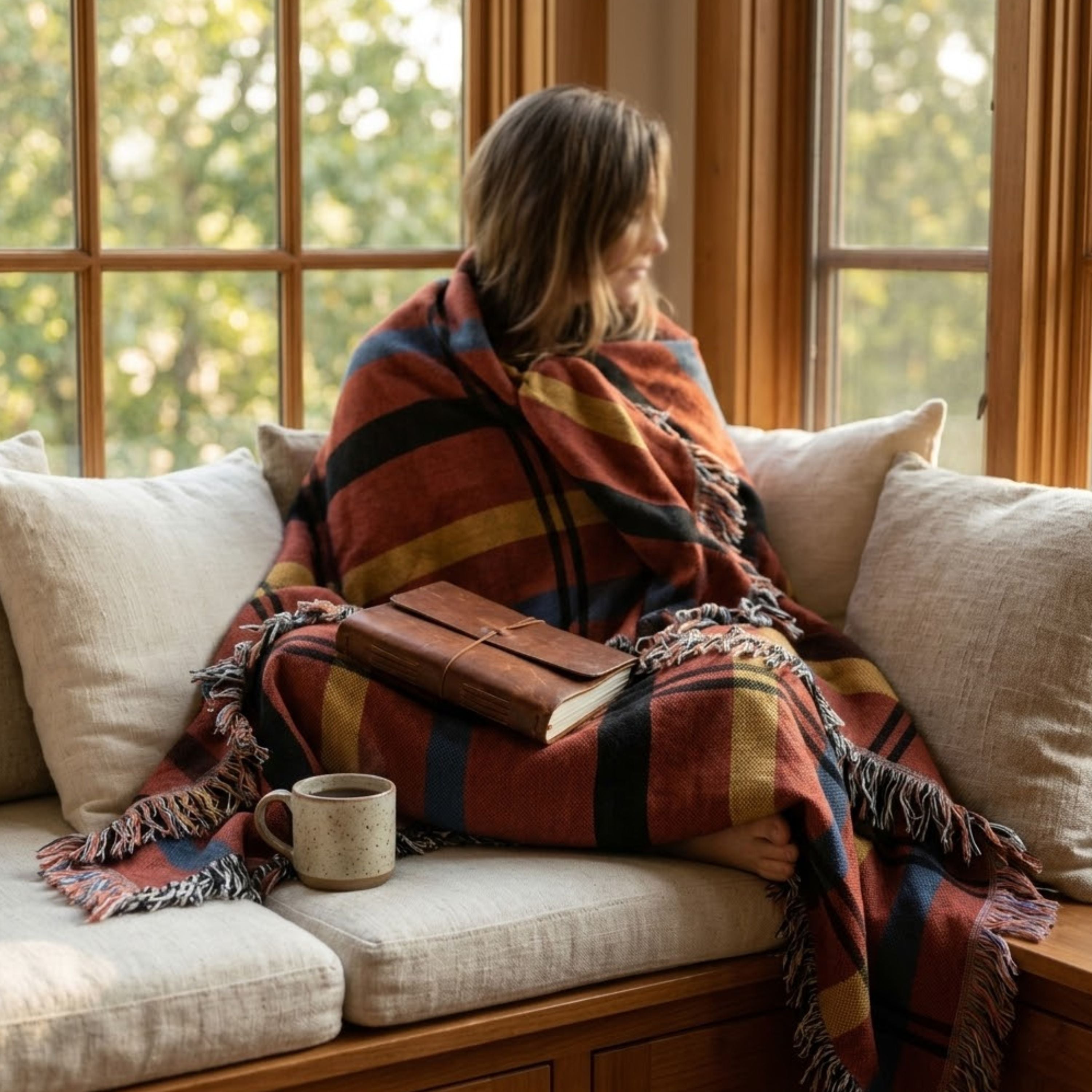 Woman wrapped in a red navy and gold plaid woven throw blanket seated on a window bench reading with coffee in hand — Trini Skies