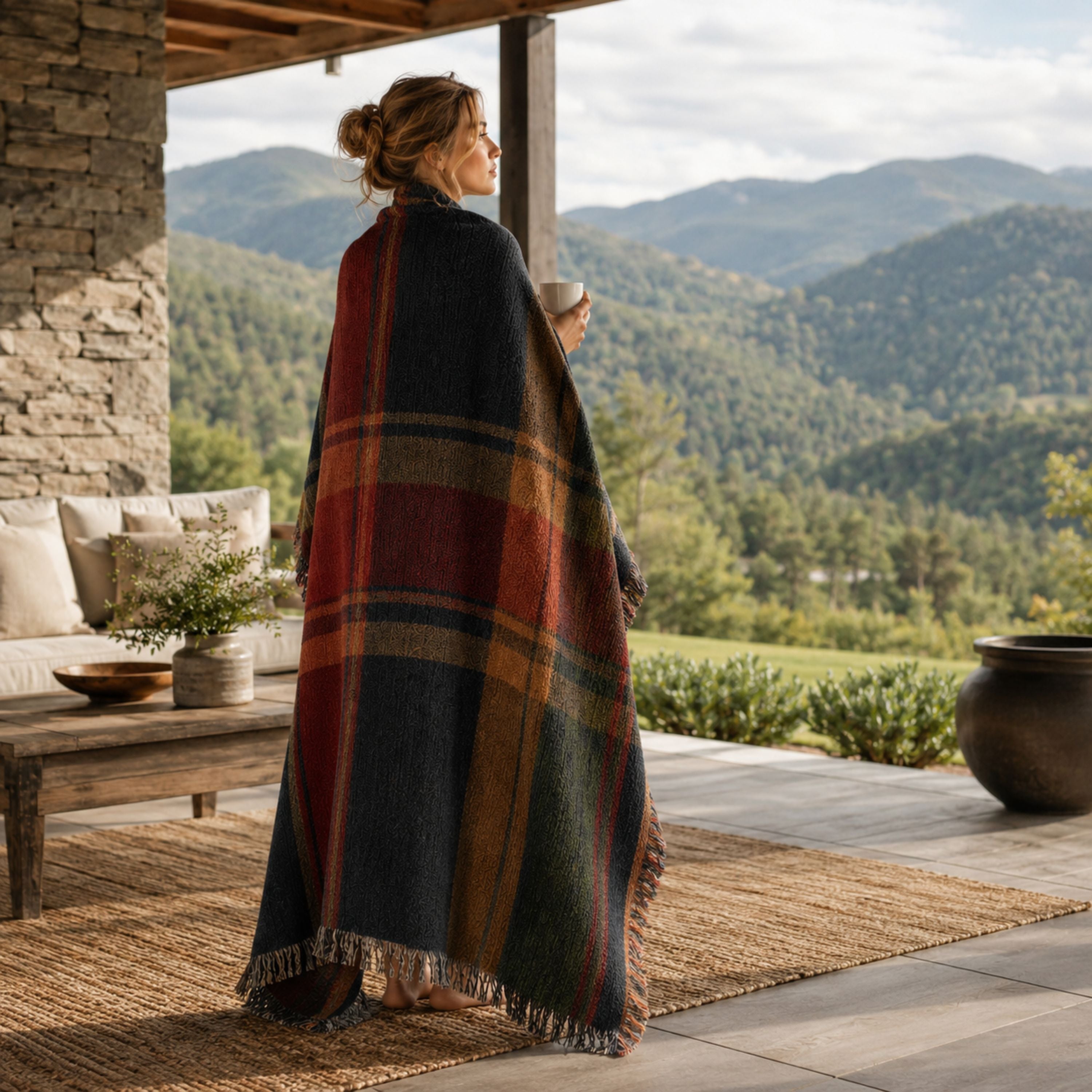 Woman wrapped in the Ember Ridge plaid woven throw on a cabin porch with a mountain view — Trini Skies