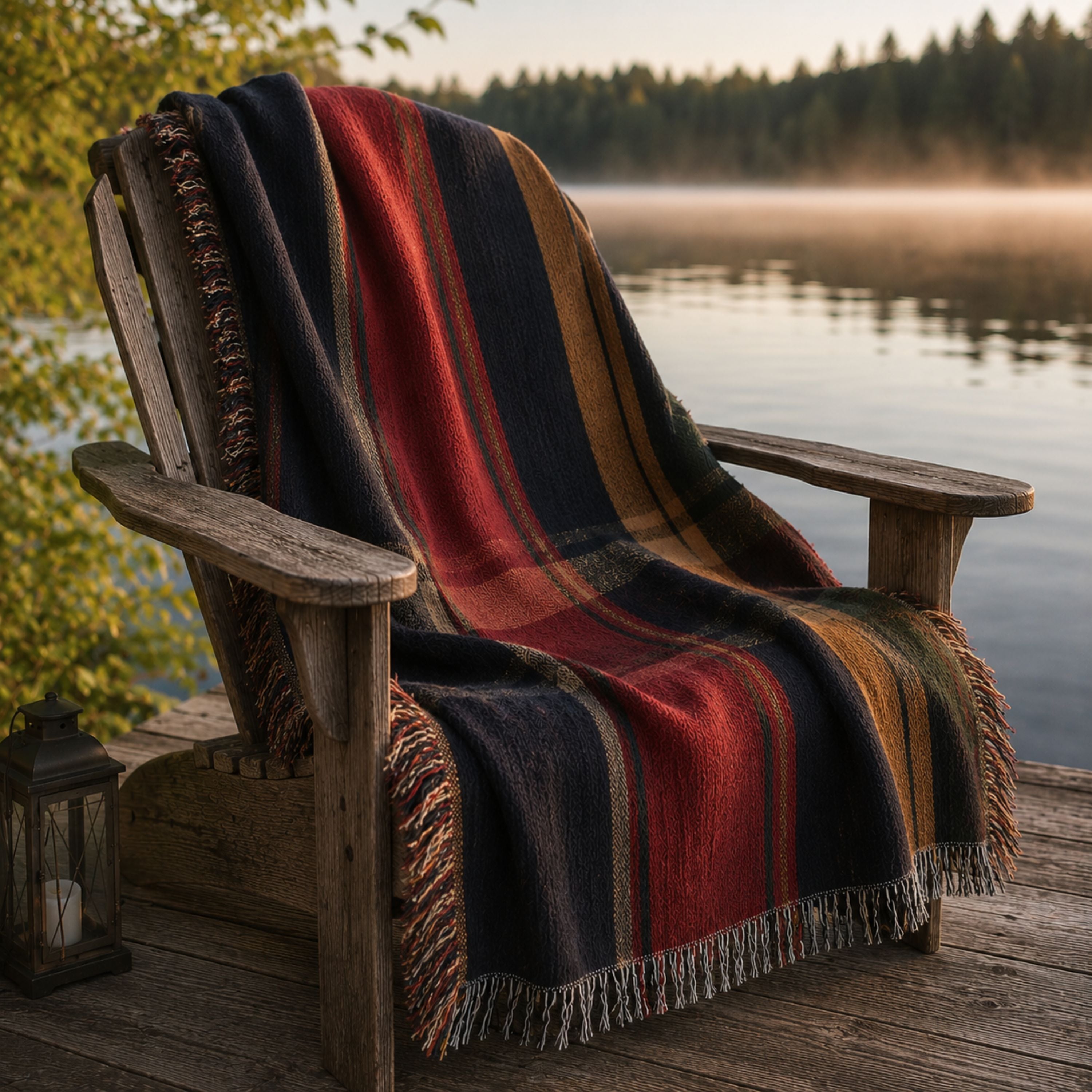 Ember Ridge plaid woven cotton throw on a wooden Adirondack chair by a mountain lake — Trini Skies