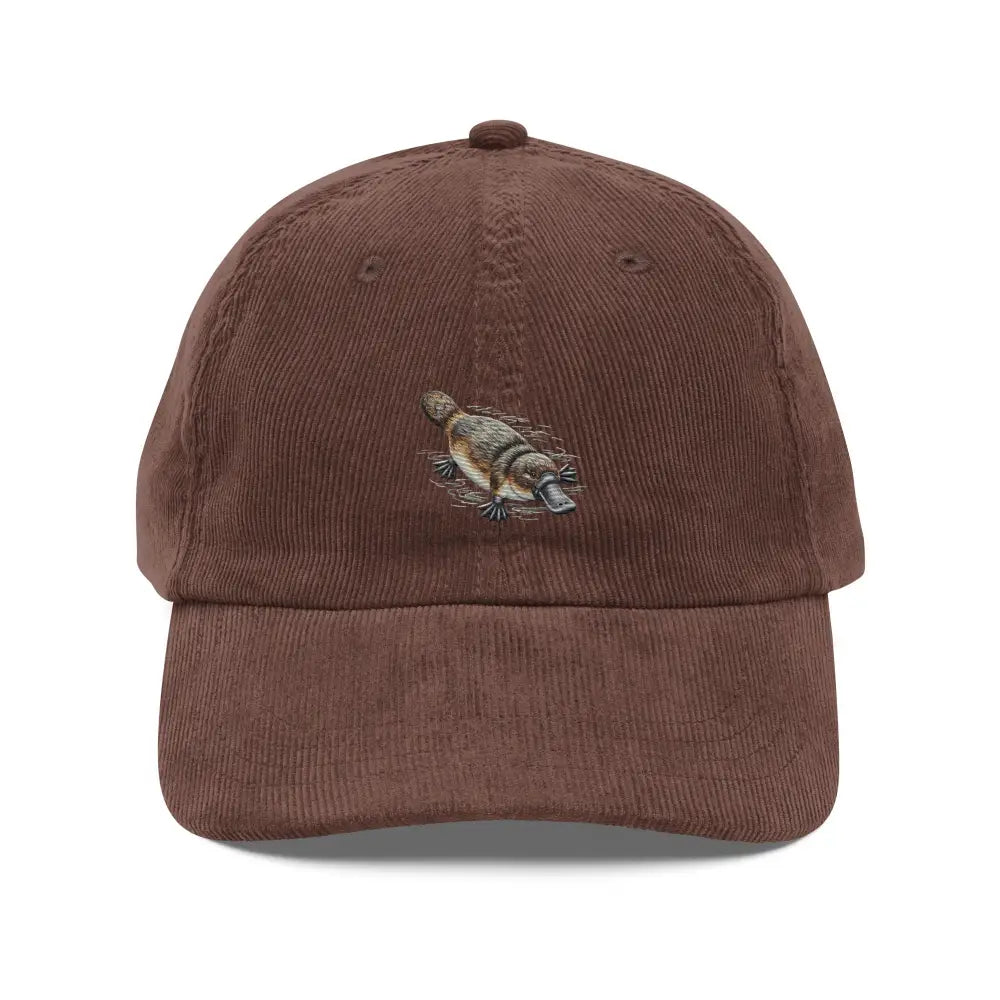 Brown platypus embroidered corduroy hat with unique animal design