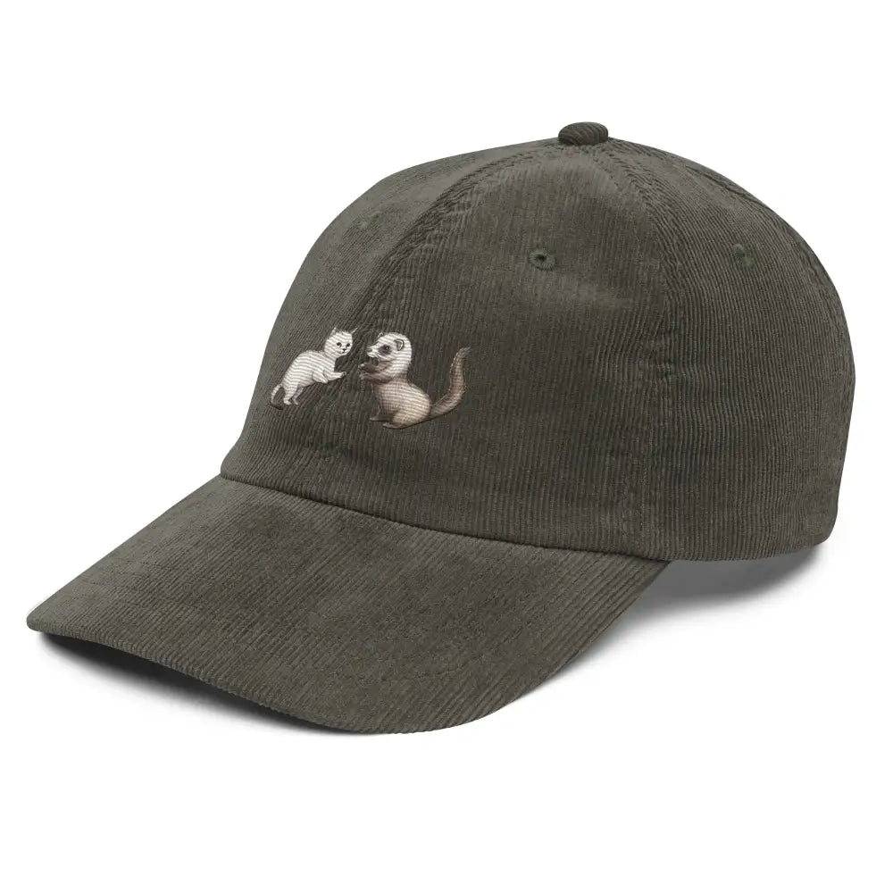 Olive green embroidered corduroy cap with meerkats, unisex retro hat