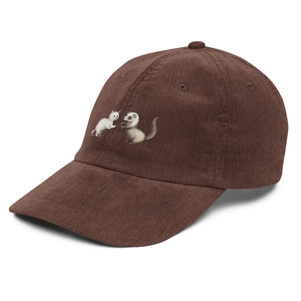 Brown corduroy baseball cap with embroidered cartoon weasels, unisex retro hat