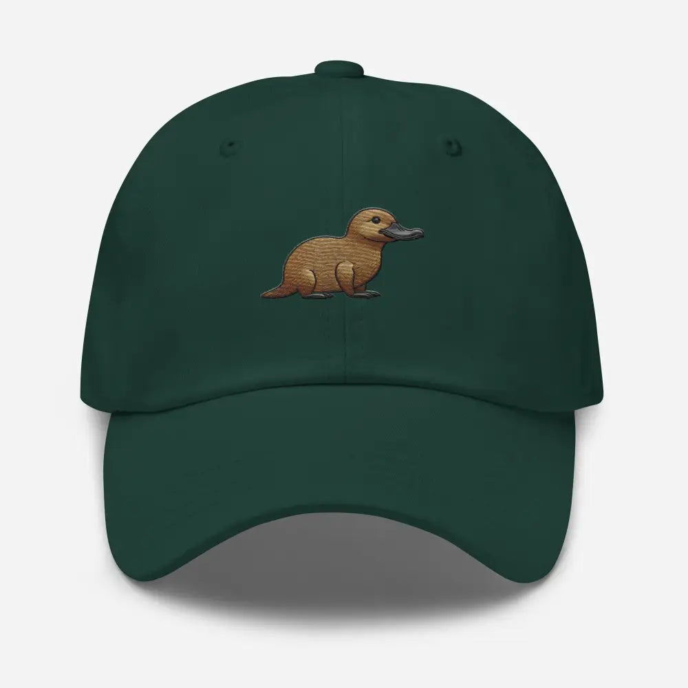 Dark green embroidered platypus dad hat with antique buckle strap