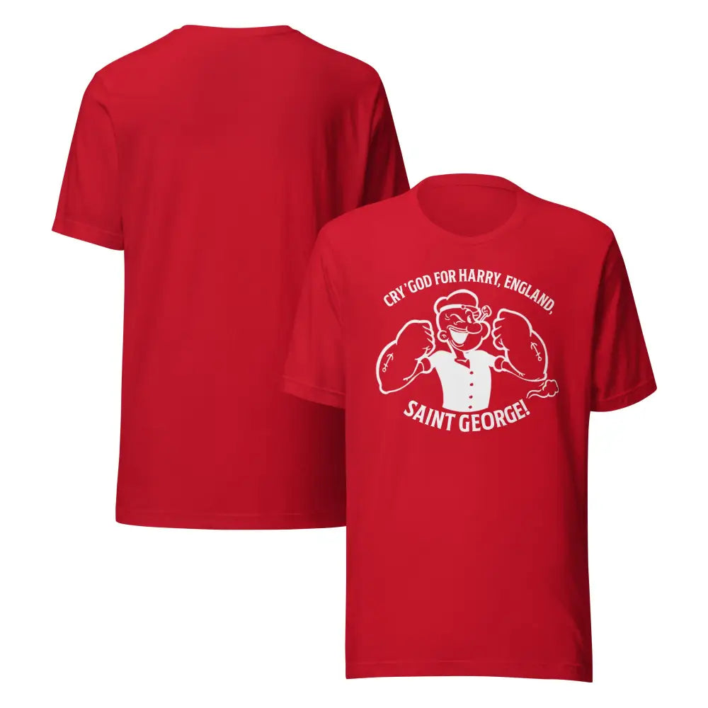 Red Popeye flexing muscles graphic tee cartoon on Saint George shirt
