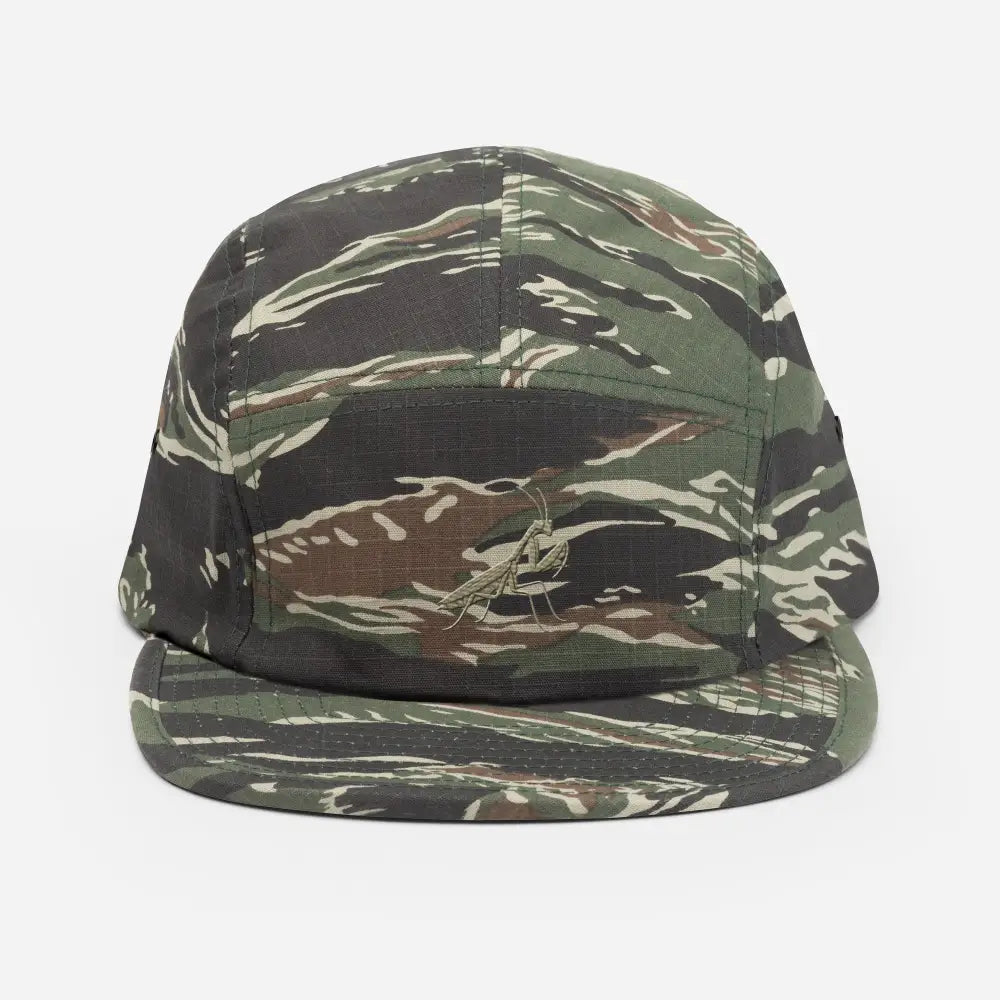 Praying Mantis Embroidered Camo Print Five-Panel Cap by Trini Skies Supply
