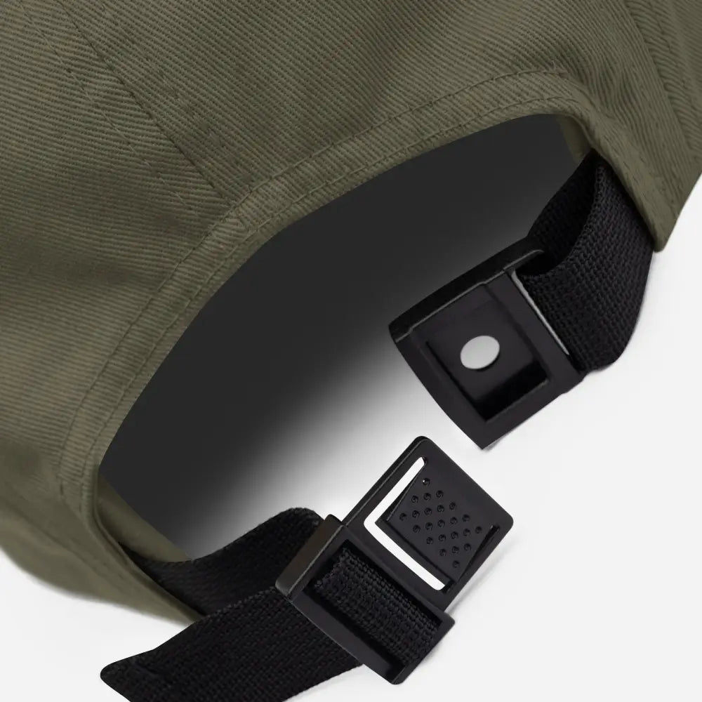 Praying mantis embroidered olive green five panel cap by Trini Skies Supply