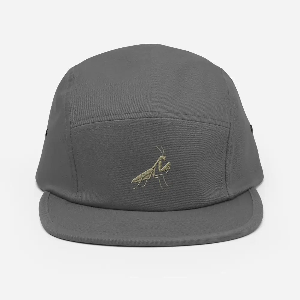 Dark gray praying mantis embroidered Trini Skies Supply five panel cap