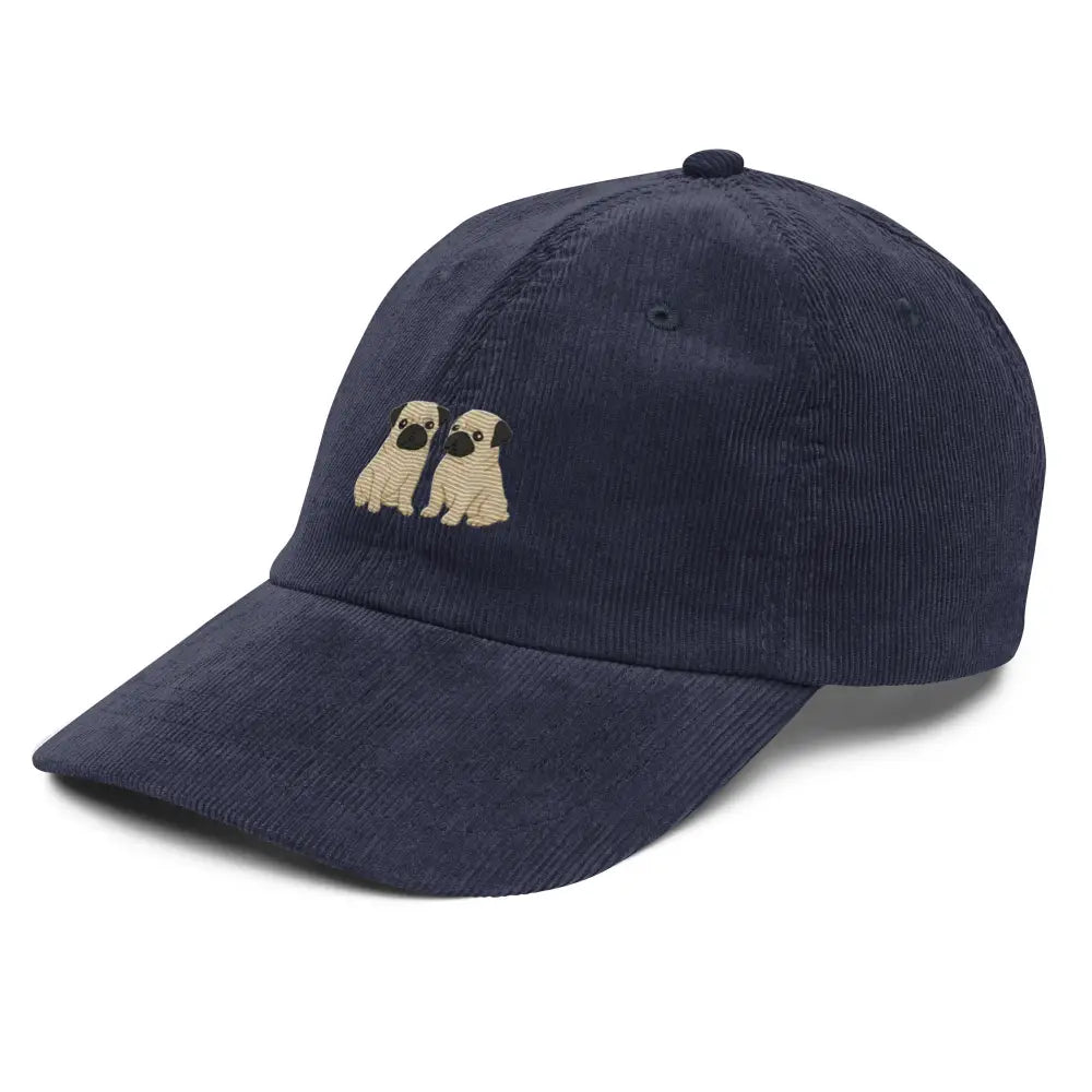 Navy blue vintage corduroy cap with charming two-pug embroidery