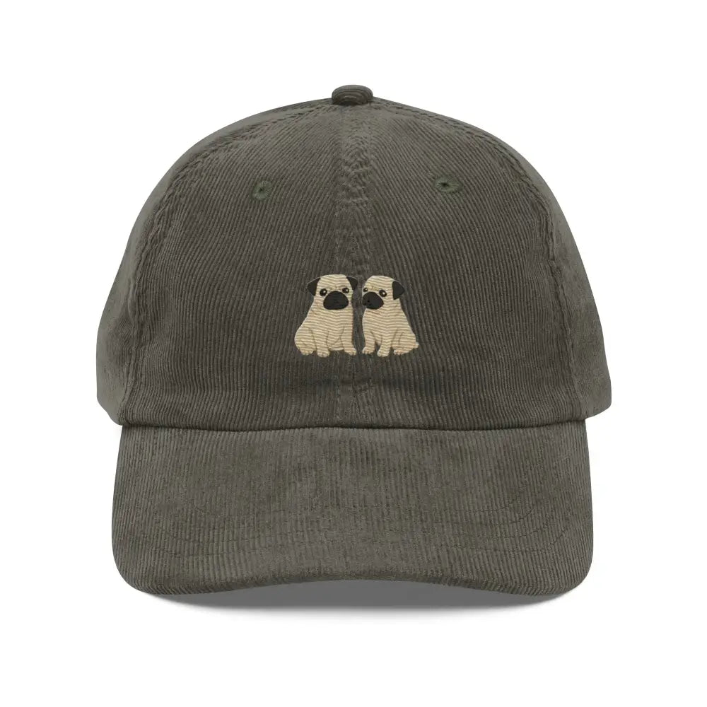 Vintage corduroy cap with charming two-pug embroidery