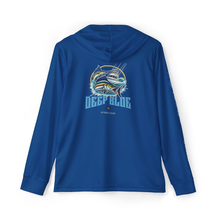 Printify All Over Prints Deep Blue Offshore Fishing Unisex Performance Hoodie, 100% Polyester, Quick-Dry Activewear (BLUE).