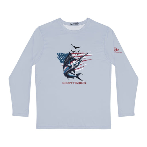 Printify All Over Prints S USA Sportfishing Patriotic Unisex Long Sleeve Performance Shirt, 100% Polyester, Quick-Dry Activewear. (GREY)