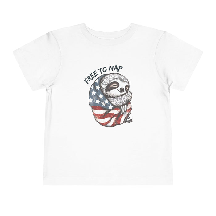 Printify Kids clothes Most Adorable Patriotic Sloth Graphic Tee - Free To Nap! Toddler T-Shirt 4th of July, Memorial Day, Labor Day