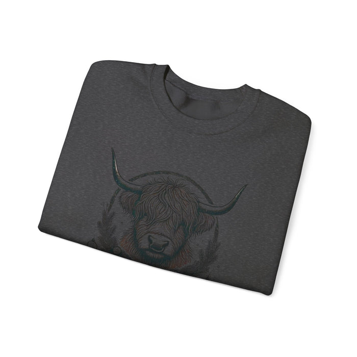 Printify Sweatshirt Dark Heather / S Merry and Cozy Highland Cow Christmas Graphic Unisex Heavy Blend Crewneck Sweatshirt