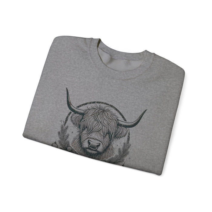 Printify Sweatshirt Graphite Heather / S Merry and Cozy Highland Cow Christmas Graphic Unisex Heavy Blend Crewneck Sweatshirt