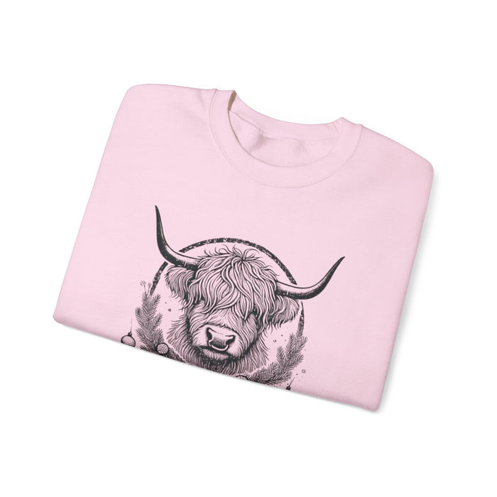 Printify Sweatshirt Light Pink / S Merry and Cozy Highland Cow Christmas Graphic Unisex Heavy Blend Crewneck Sweatshirt