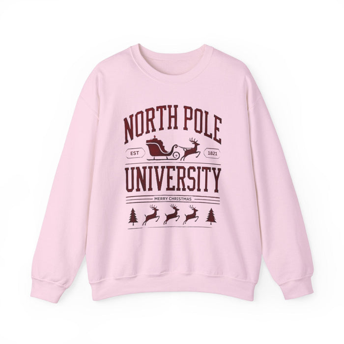 Printify Sweatshirt Light Pink / S North Pole University Graphic Varsity Merry Christmas Sweatshirt Heavy Blend Crewneck