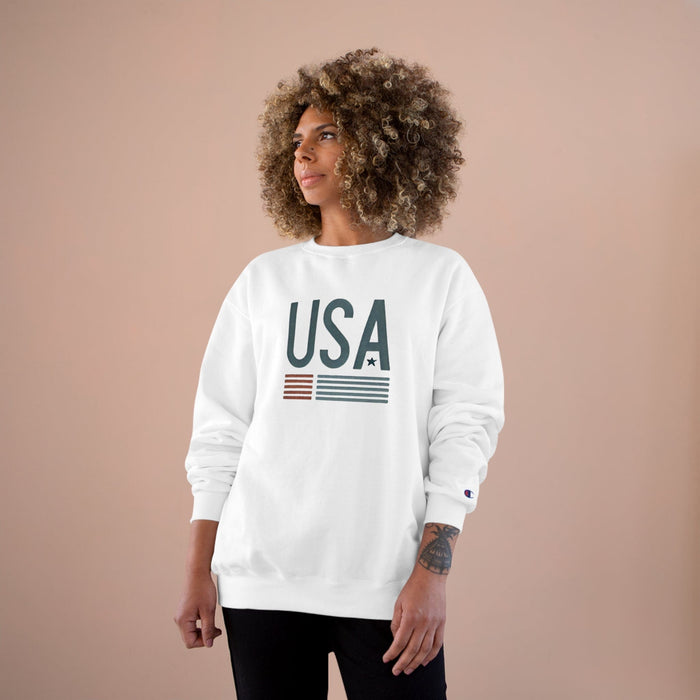 Printify Sweatshirt USA Champion Crewneck Sweatshirt: Classic Comfort with Eco-Friendly Warmth Patriotic Pride Labor Day Memorial Day Veterans Day Great Gift