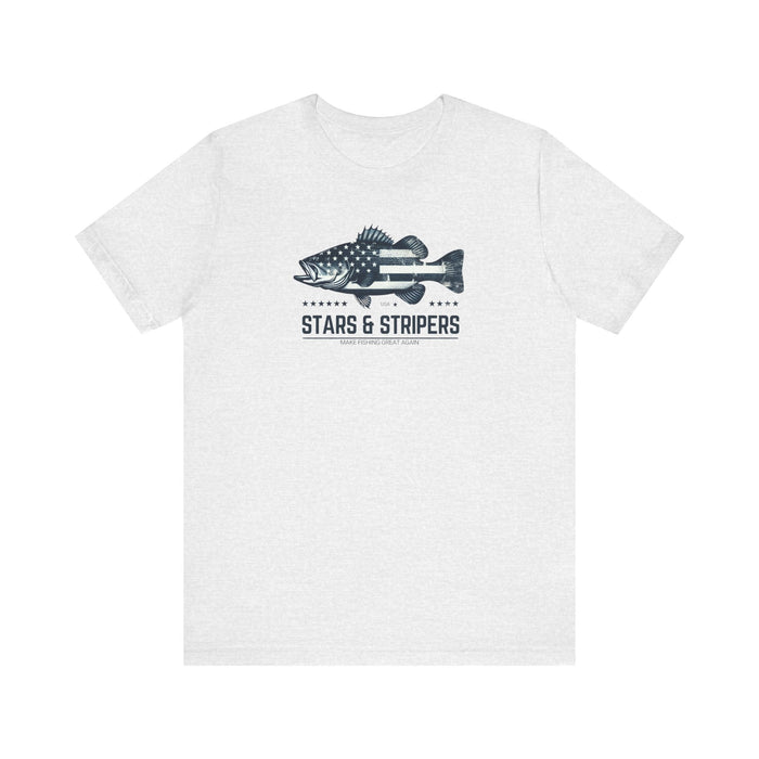 Printify T-Shirt Ash / S Patriotic Bass Fishing Stars & Stripers Jersey Short Sleeve Tee Soft Cotton Classic Nature Great Gift, Husband Gift, Wife Gift Fishing Shirt