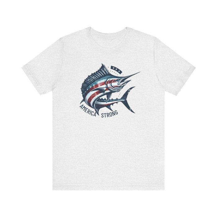 Printify T-Shirt Ash / S Patriotic Marlin America Strong Unisex Jersey Short Sleeve Tee Soft Cotton Classic Nature Great Gift, Husband Gift, Wife Gift, Fishing Shirt