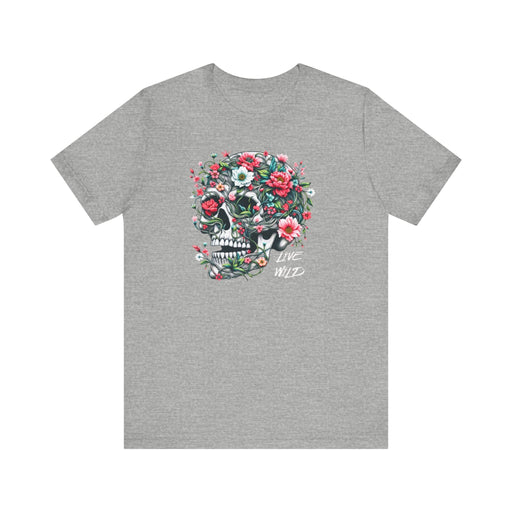 Printify T-Shirt Athletic Heather / S Floral Skull T-Shirt Design - Live Wild Skull with Flowers and Vines Graphic Tee Great Gift, Skateboarder Shirt, Rock and Roll Shirt, Rose