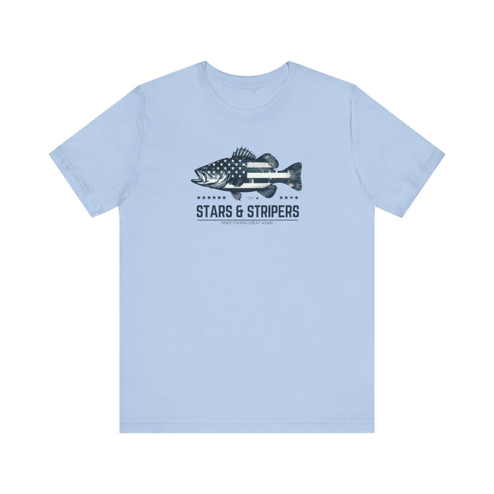 Printify T-Shirt Baby Blue / S Patriotic Bass Fishing Stars & Stripers Jersey Short Sleeve Tee Soft Cotton Classic Nature Great Gift, Husband Gift, Wife Gift Fishing Shirt