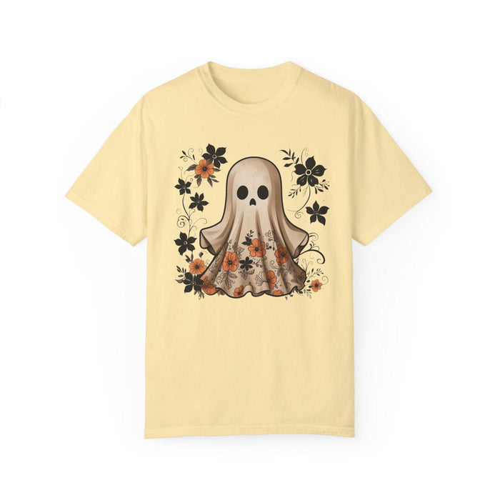 Printify T-Shirt Banana / S Ghostly Elegance with Flowers Garment-Dyed T-shirt Comfort Colors Halloween Tshirt Fall Tee Trendy Comfy Womens Gift Daughter Gift Mom Gift