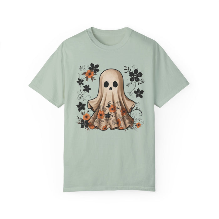 Printify T-Shirt Bay / S Ghostly Elegance with Flowers Garment-Dyed T-shirt Comfort Colors Halloween Tshirt Fall Tee Trendy Comfy Womens Gift Daughter Gift Mom Gift