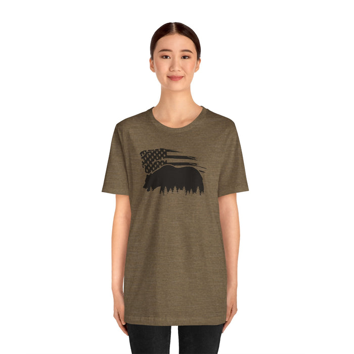 Printify T-Shirt Bear Graphic Forest Tee: Patriotic Vibes for Every Occasion Great Gift Idea for a Camper or HIker