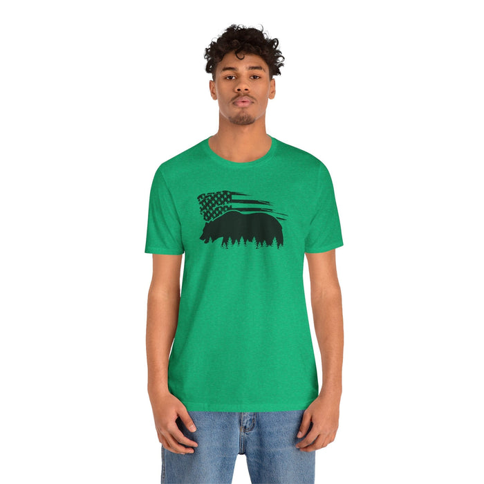 Printify T-Shirt Bear Graphic Forest Tee: Patriotic Vibes for Every Occasion Great Gift Idea for a Camper or HIker