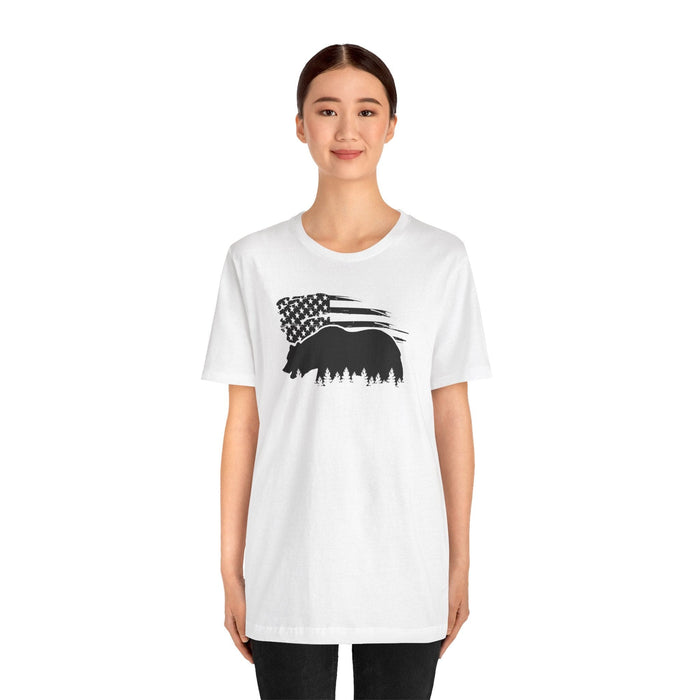 Printify T-Shirt Bear Graphic Forest Tee: Patriotic Vibes for Every Occasion Great Gift Idea for a Camper or HIker