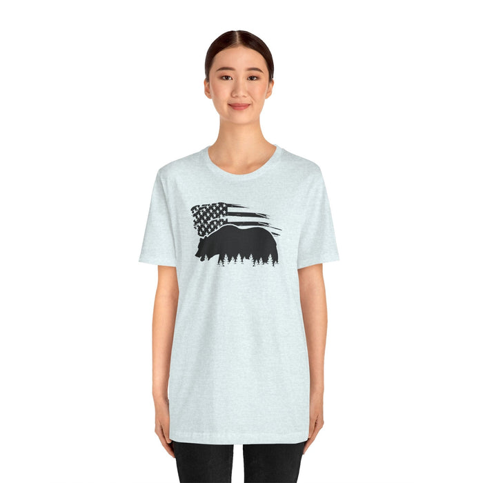 Printify T-Shirt Bear Graphic Forest Tee: Patriotic Vibes for Every Occasion Great Gift Idea for a Camper or HIker