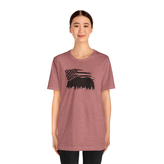 Printify T-Shirt Bear Graphic Forest Tee: Patriotic Vibes for Every Occasion Great Gift Idea for a Camper or HIker