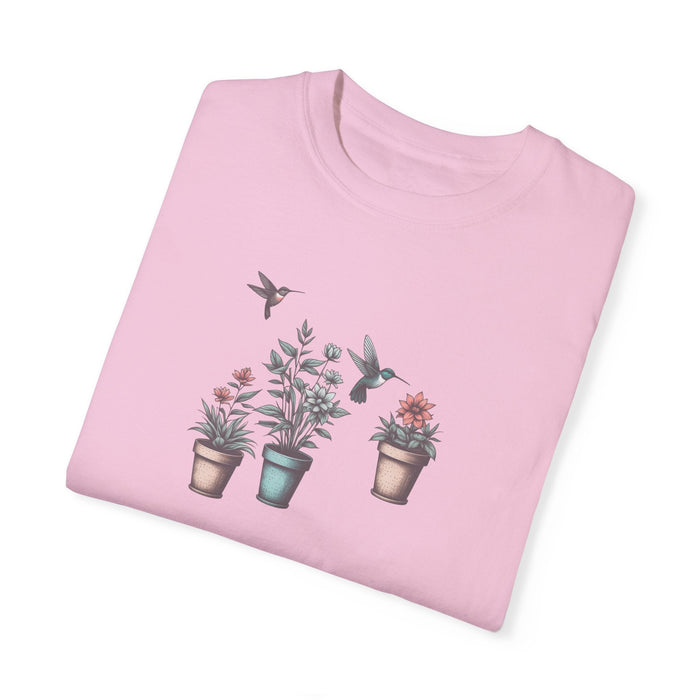 Printify T-Shirt Beautiful Potted Flowers & Hummingbirds - Comfort Colors T-Shirt Nature Lover Bird Tshirt Gardening Tshirt Great Gift Idea Flower Tshirt