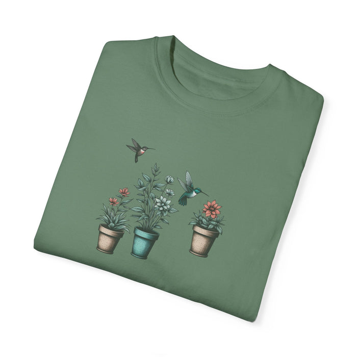 Printify T-Shirt Beautiful Potted Flowers & Hummingbirds - Comfort Colors T-Shirt Nature Lover Bird Tshirt Gardening Tshirt Great Gift Idea Flower Tshirt