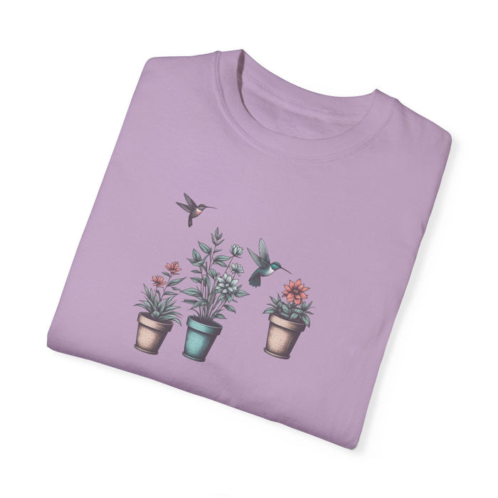 Printify T-Shirt Beautiful Potted Flowers & Hummingbirds - Comfort Colors T-Shirt Nature Lover Bird Tshirt Gardening Tshirt Great Gift Idea Flower Tshirt