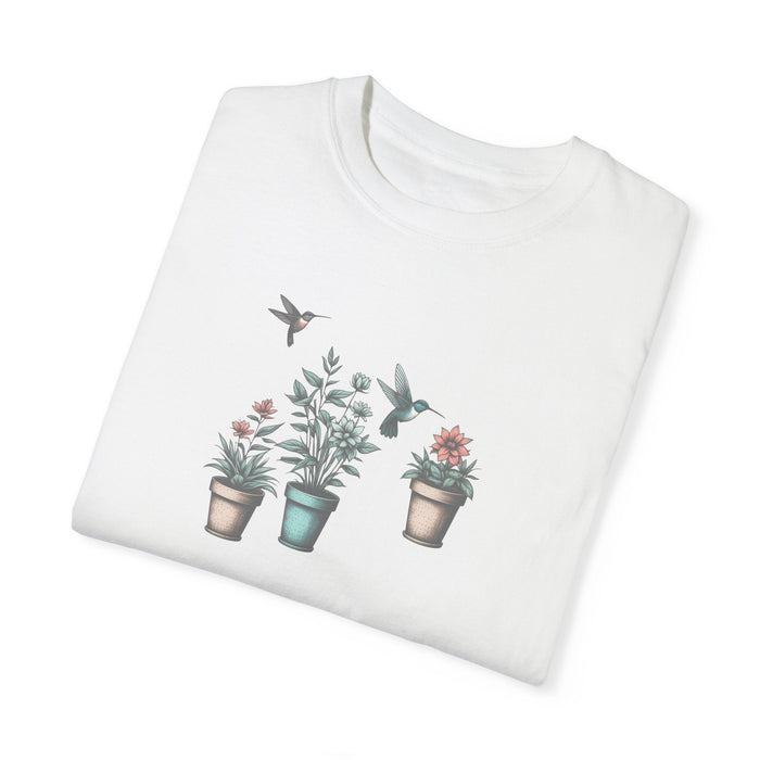 Printify T-Shirt Beautiful Potted Flowers & Hummingbirds - Comfort Colors T-Shirt Nature Lover Bird Tshirt Gardening Tshirt Great Gift Idea Flower Tshirt