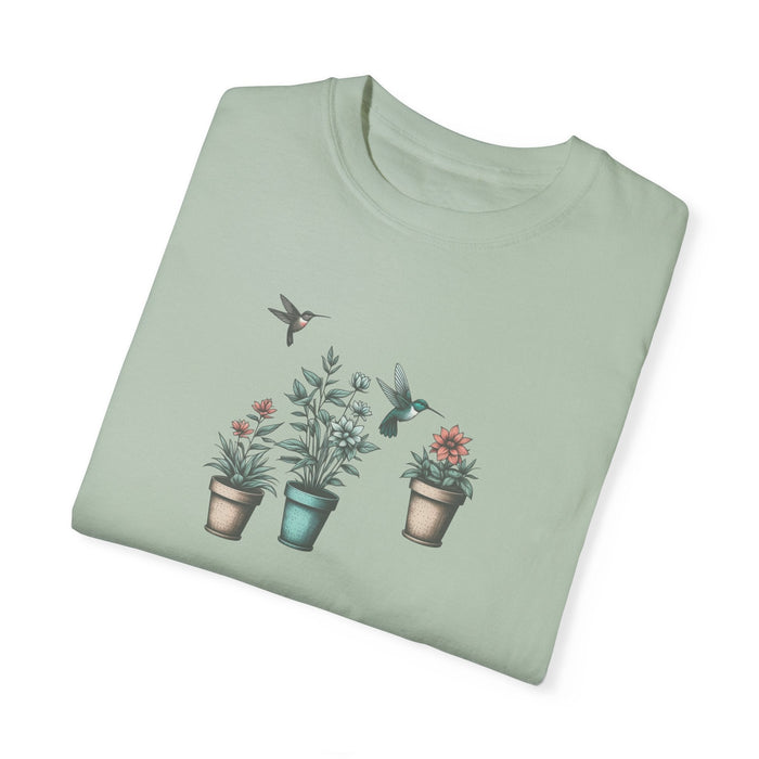 Printify T-Shirt Beautiful Potted Flowers & Hummingbirds - Comfort Colors T-Shirt Nature Lover Bird Tshirt Gardening Tshirt Great Gift Idea Flower Tshirt