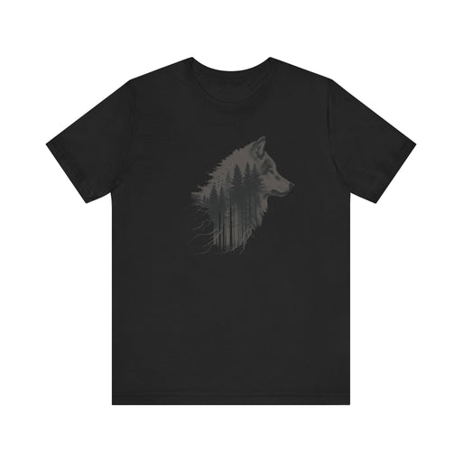 Printify T-Shirt Black / S Double Exposure Wolf and Forest Unisex Jersey Tee - Soft Cotton, Gift, Mens Gift, Nature Shirt, Boyfriend Shirt, Husband Gift