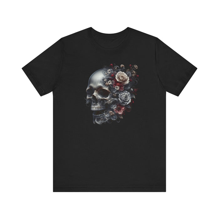 Printify T-Shirt Black / S Floral Skull T-Shirt Design - Live Wild Skull with Flowers and Vines Graphic Tee Great Gift, Skateboarder Shirt, Rock and Roll Shirt, Rose