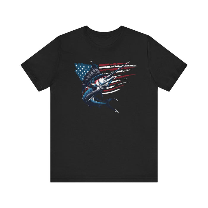 Printify T-Shirt Black / S Patriotic Marlin Freedom Unisex Jersey Short Sleeve Tee Soft Cotton Classic Nature Lover Great Gift, Husband Gift, Wife Gift, Fishing Shirt