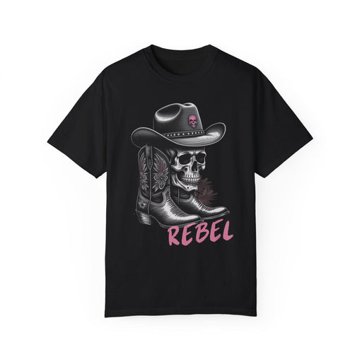 Printify T-Shirt Black / S Rebel Tee, Skull Cowboy Boots Rebel Unisex Comfort Colors 1717 Garment-Dyed T-Shirt Womens Tshirt Great Gift Idea Western Rock Band