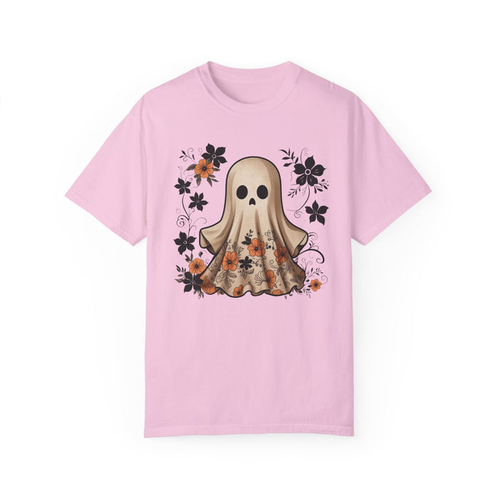 Printify T-Shirt Blossom / S Ghostly Elegance with Flowers Garment-Dyed T-shirt Comfort Colors Halloween Tshirt Fall Tee Trendy Comfy Womens Gift Daughter Gift Mom Gift