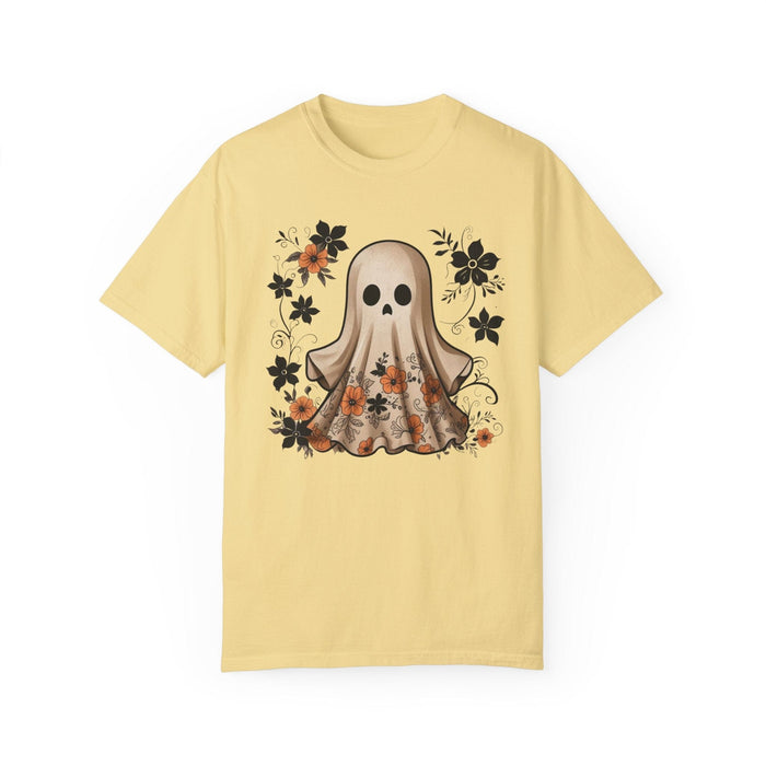 Printify T-Shirt Butter / S Ghostly Elegance with Flowers Garment-Dyed T-shirt Comfort Colors Halloween Tshirt Fall Tee Trendy Comfy Womens Gift Daughter Gift Mom Gift