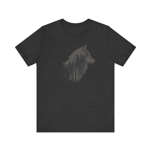 Printify T-Shirt Dark Grey Heather / S Double Exposure Wolf and Forest Unisex Jersey Tee - Soft Cotton, Gift, Mens Gift, Nature Shirt, Boyfriend Shirt, Husband Gift