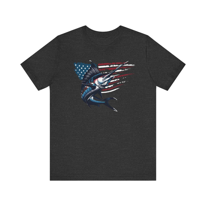 Printify T-Shirt Dark Grey Heather / S Patriotic Marlin Freedom Unisex Jersey Short Sleeve Tee Soft Cotton Classic Nature Lover Great Gift, Husband Gift, Wife Gift, Fishing Shirt